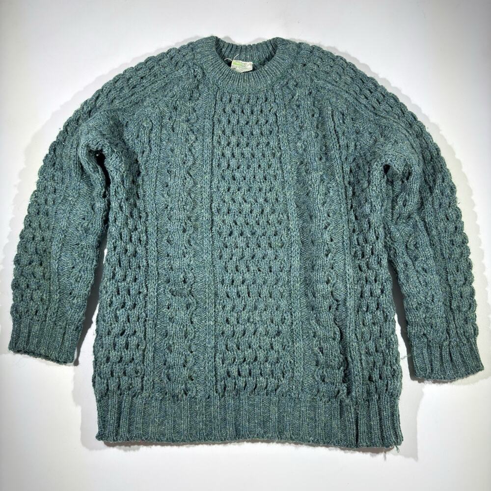 VTG Malinmor Sweater Mens Medium Green Irish Wool Cable Knit Fisherman Handmade